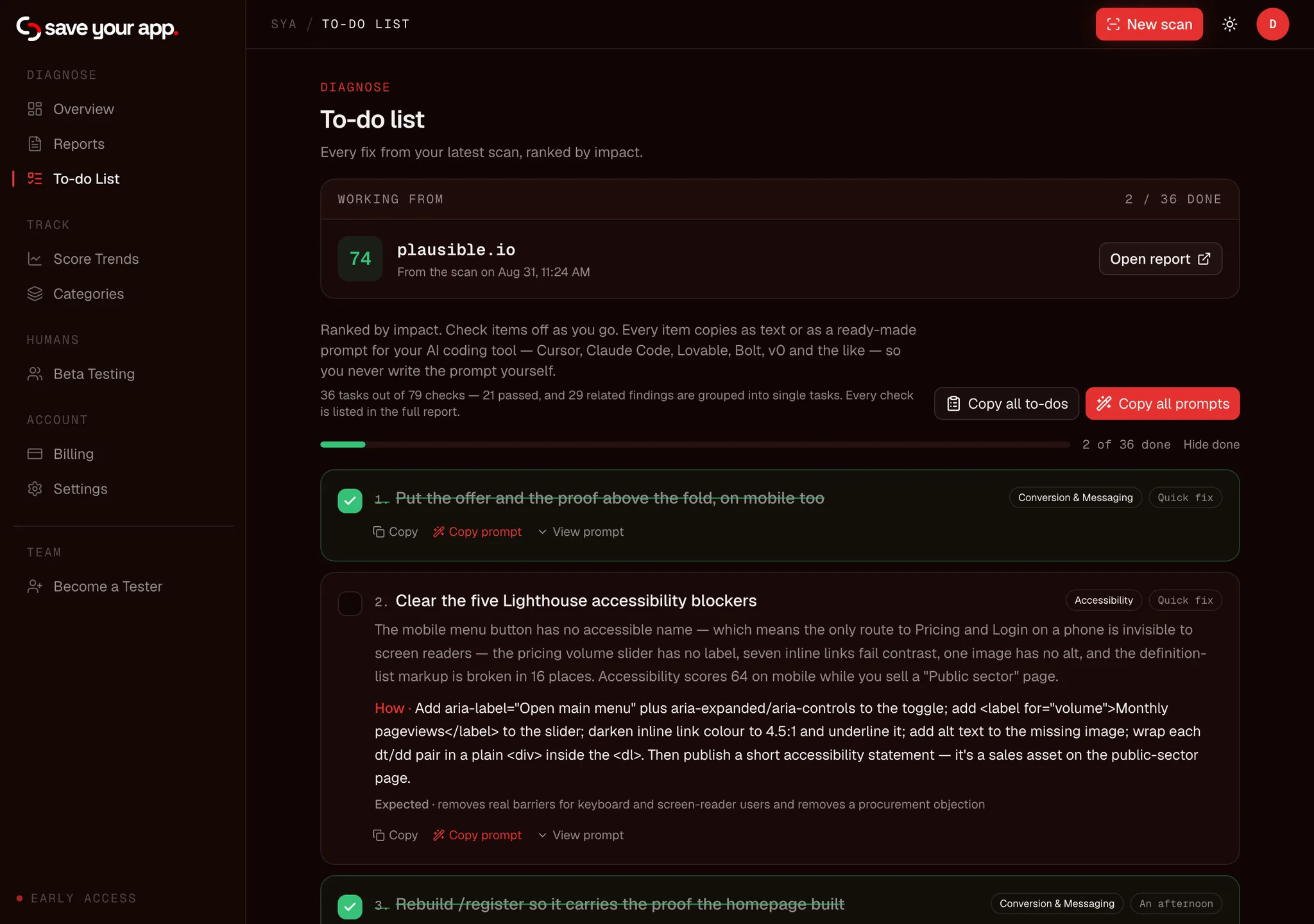 The to-do list: fixes ranked by impact, one ticked off, one with its ready-to-paste AI prompt open.
